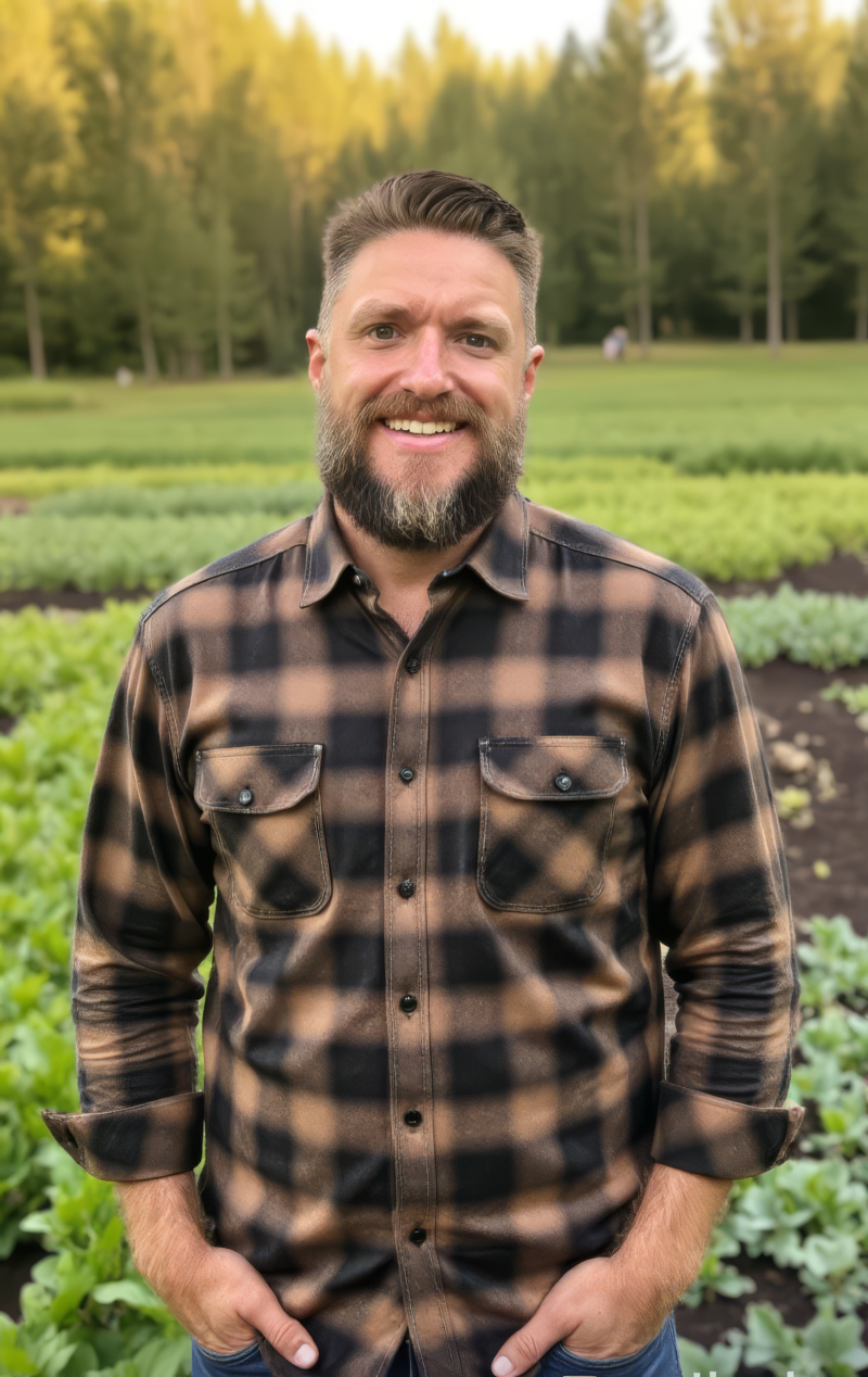 CoDee in flannel, in the garden