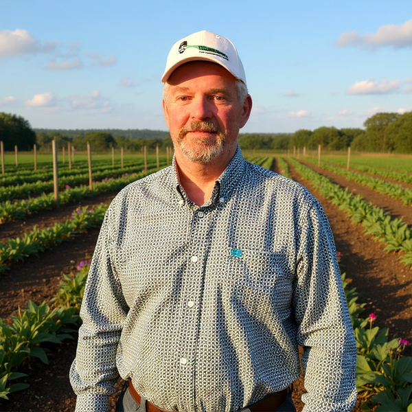 John in his cap, out in the garden rows
