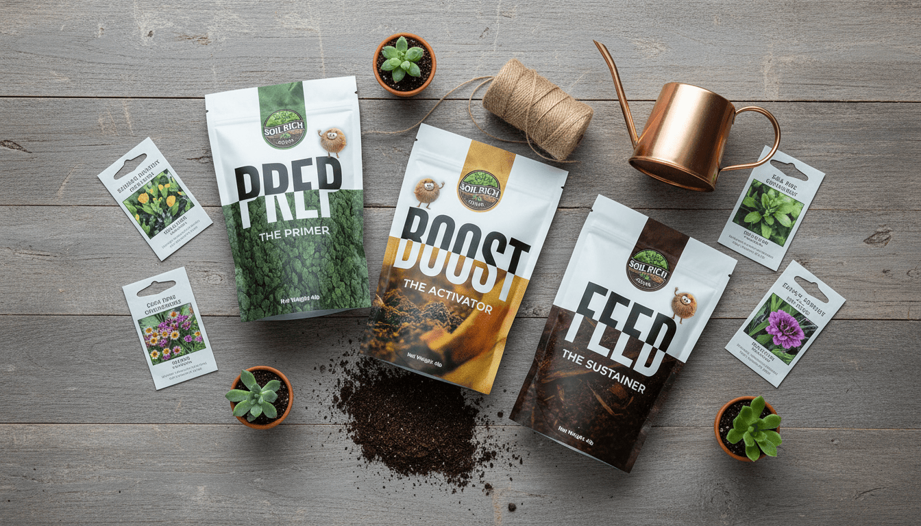 PREP, BOOST, and FEED flat lay with gardening tools, pots, and soil