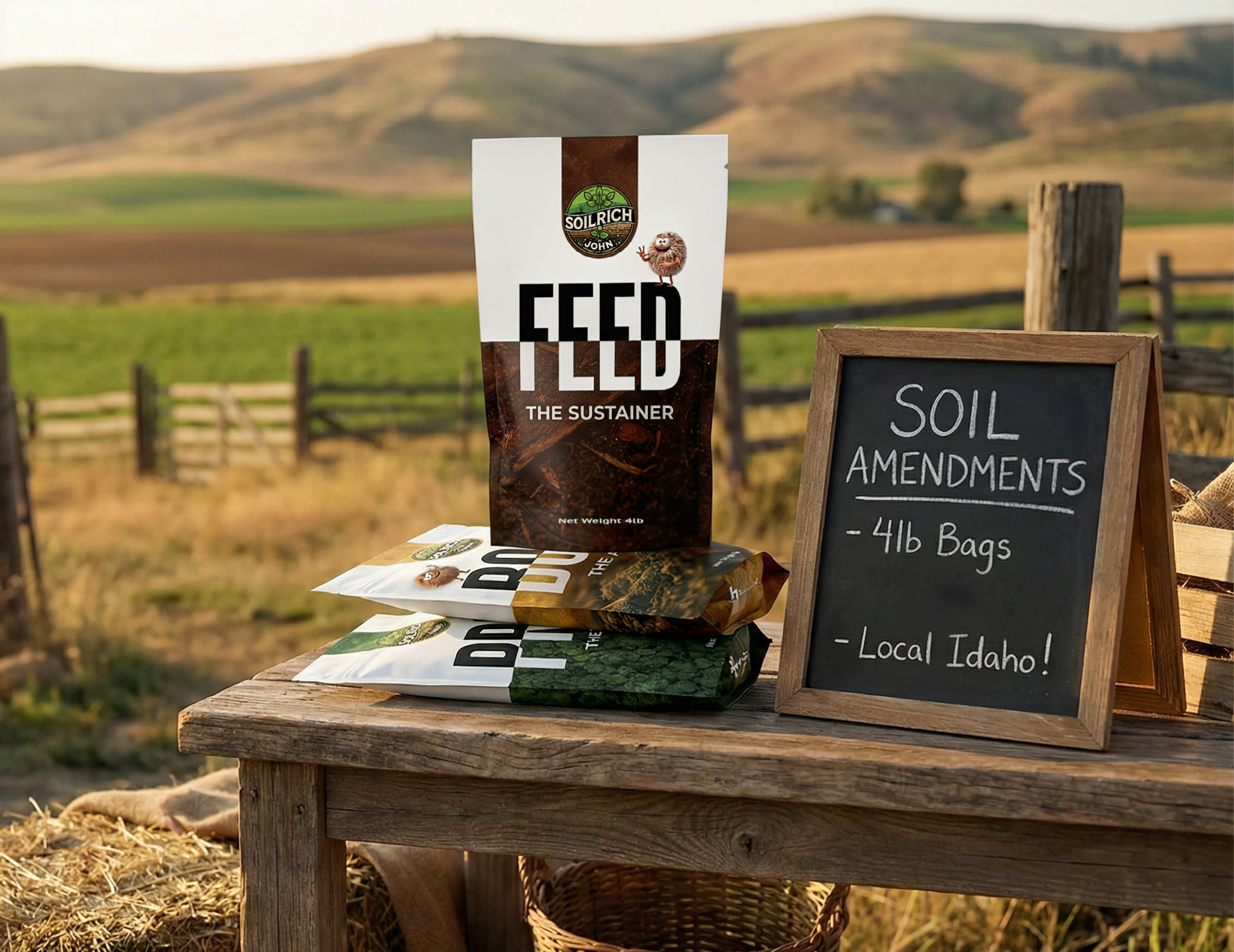 Soil Rich products displayed on a rustic Idaho farm table with rolling hills