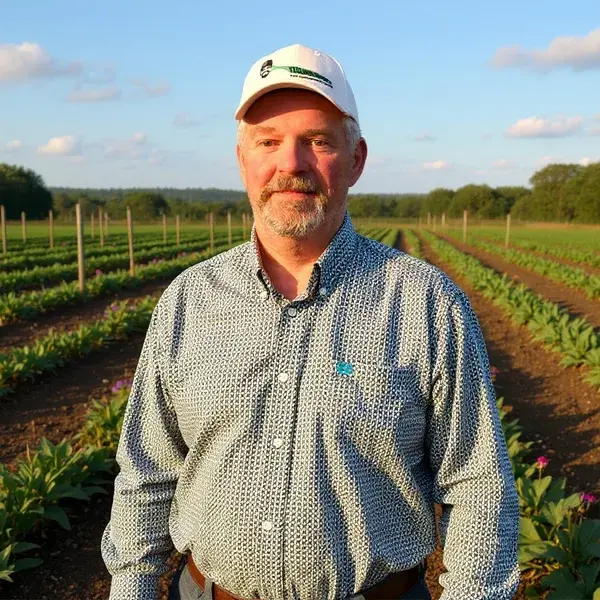 John in his cap, out in the garden rows